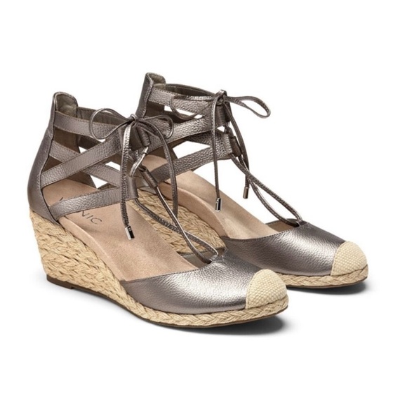 Vionic Gray Cream Calypso Wedge Sandals with Modern T-Strap - Picture 2 of 14